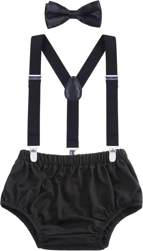 Vista 21 de AWAYTR Conjunto de bombones para bebé niño con tirantes y pajarita para fiesta de primer cumpleaños Beige