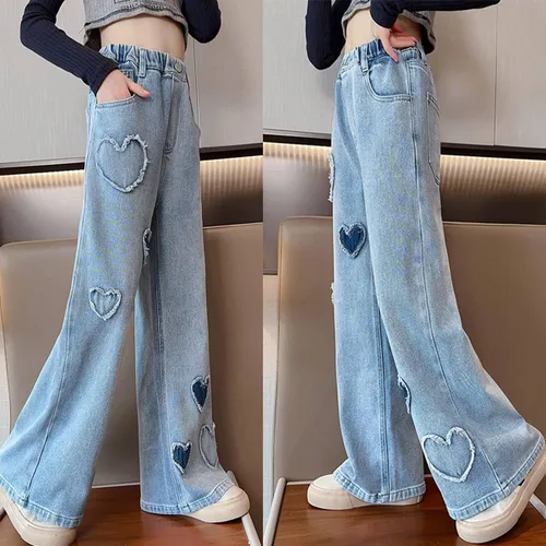 Vista 6 de Pantalones de mezclilla holgados para niñas y niñas, pantalones de mezclilla casuales de pierna ancha y cintura alta, talla 5-14 años