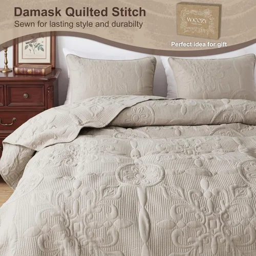 Vista 4 de B2EVER Juego de edredón de damasco beige tamaño individual con 1 funda de almohada, colcha boho ligera y suave de estilo granja vintage bohemia