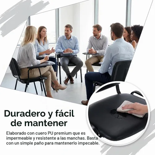 Vista 5 de HNY Juego de 5 sillas negras con brazo para tableta, cómodas de poliuretano, para oficina, sala de espera, apilables, sillas de recepción con mesa
