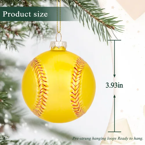Vista 3 de Adorno soplado de vidrio de sóftbol de Navidad de 3.15 pulgadas, mini bola deportiva pintada a mano 2025 para niños y niñas, árbol de Navidad