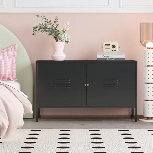 Vista 5 de Gabinete de almacenamiento de metal, soporte de TV de 2 puertas, armario decorativo con puertas y estante ajustable, armario de metal, mesita