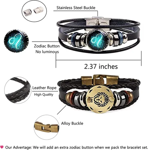 Vista 4 de Pulsera de cuero trenzado a mano con 12 cuentas de constelación para hombre, estilo retro, 2