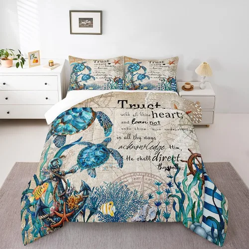 Vista 51 de Juego de edredón Lake House tamaño Twin, juego de ropa de cama náutica de navegación con ancla de 2 piezas para decoración de habitación de niños