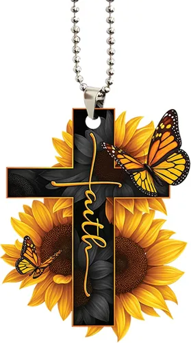 Vista 7 de Talataca Fe Girasol Dios Jesús Cruz Cristiana Mariposa 2D Espejo Retrovisor de Coche Plano Accesorios Adorno Árbol de Navidad Decoración Colgante