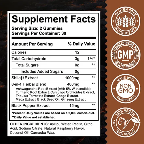Vista 7 de Shilajit - Gomitas de 1000 mg – Shilajit puro orgánico del Himalaya para hombres y mujeres, más de 85 minerales traza resina Shilajit