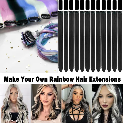 Vista 2 de 12 extensiones de cabello negro con clip, extensiones de cabello de color de 22 pulgadas, extensiones de cabello sintético largo y lacio para mujer