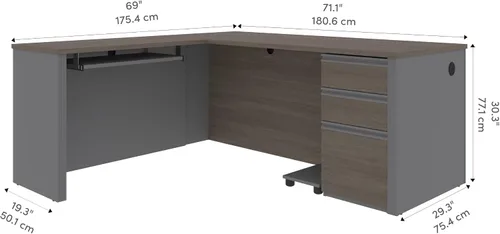Vista 3 de Bestar Prestige + Escritorio en forma de L con pedestal, 72 W, gris ladrido y pizarra With Pedestal; 1 file drawer; for home office use