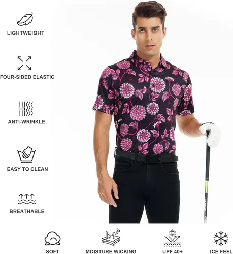 Vista 3 de DEOLAX Mens Golf Shirt Fashion Print Floral Polo Shirts Short Sleeve Soft Classic Casual Dry Fit Golf Shirt for Men