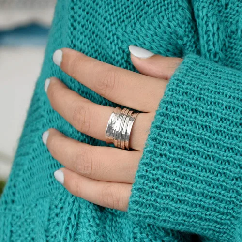 Vista 3 de Boho-Magic Anillo giratorio de plata de ley 925 para mujer, 3 anillos antiansiedad, banda ancha martillada