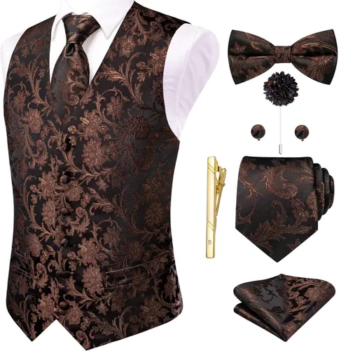 Vista 45 de Hi-Tie Chaleco de traje de seda para hombre, corbata y corbatín de solapa, clip de corbata dorado, chaleco floral de cachemira, 8 piezas, conjunto