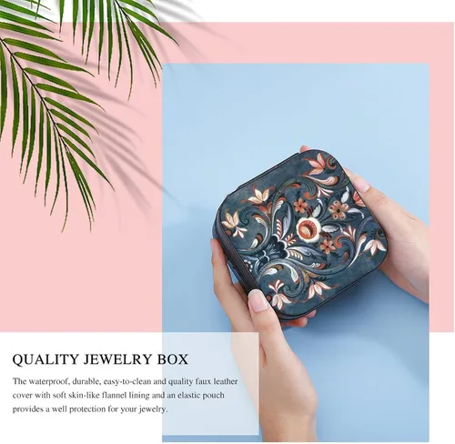 Vista 6 de Caja de joyería de viaje estilo folclórico noruego, caja de piel sintética, organizador de collares, regalo para mujeres y niñas, 4 x 4 x 2.2