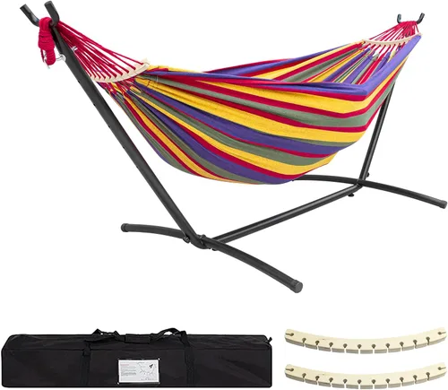 Vista 7 de SZHLUX Hamaca doble con soporte incluido, capacidad de 450 lb, soporte de acero, bolsa de transporte premium incluida. Cama de algodón