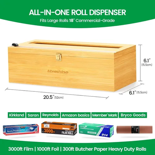 Vista 2 de Libreshine Dispensador de plástico de 18 pulgadas con cortador y rodillo, soporte de película comercial de bambú resistente para película adhesiva