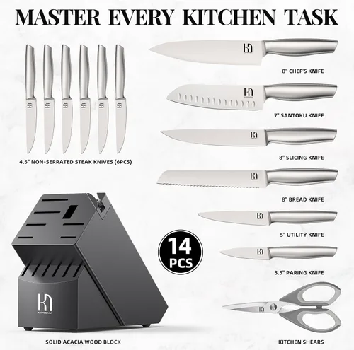 Vista 6 de Juego de cuchillos KnifeSaga Premium, juego de bloque de cuchillos de cocina 14 piezas de acero inoxidable de alto carbono japonés extremadamente