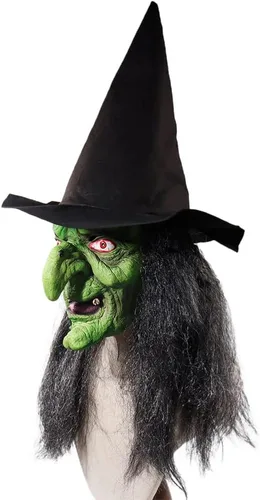 Vista 5 de Máscara facial de bruja de anciana con pelo y sombrero, disfraz de látex para Halloween, espeluznante y aterrador, disfraz de bruja para fiesta