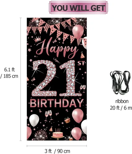 Vista 2 de Decoración de cumpleaños número 21 para puerta, decoración de feliz cumpleaños número 21 de oro rosa para ella, decoración de cartel de cubierta