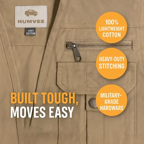 Vista 17 de Humvee - Chaleco utilitario con 21 bolsillos, para viajes, safari, caza, camping, 100% algodón, chaqueta táctica para hombres y mujeres