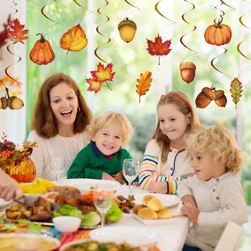 Vista 5 de Whaline 32 piezas de remolino colgante de otoño, calabaza, hoja de arce, piña, remolino, decoración para colgar en el techo, remolinos de fiesta