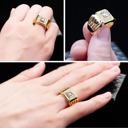 Vista 3 de Uloveido Anillos anchos cuadrados brillantes chapados en platino y oro con circonita cúbica brillante, anillos de boda para hombres JX001, talla 7