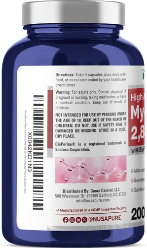 Vista 3 de NusaPure Myo-Inositol - Apto para vegetarianos/veganos, sin OMG - 2800 mg, 200 cápsulas