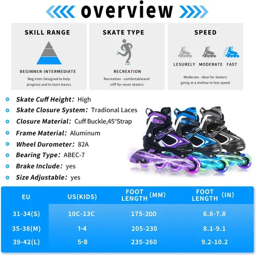 Vista 6 de MammyGol Adjustable Inline Skates for Kids Boys Girls Youth Beginner with Light up Wheels Ages 4-16