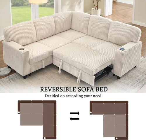 Vista 6 de ERYE L-Shaped Convertible Sofa Bed W/Pull Out Sleeper Couch Bed, 81" Plush Corduroy Sectional Couch with Symmetrical Corner Sectional Sleeper Sofa