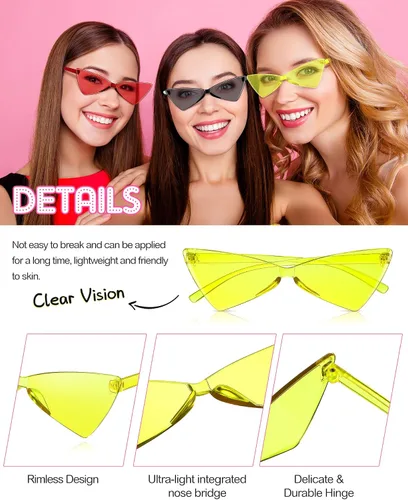 Vista 4 de 20 pares de lentes de sol triangulares sin montura para mujer, lentes transparentes de color caramelo, lentes de sol de gato negro espejados