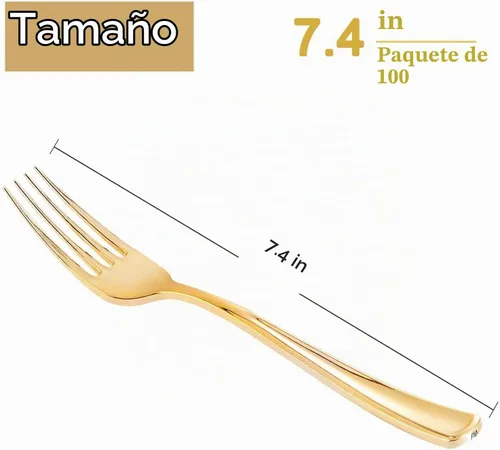 Vista 3 de WDF 100 tenedores de plástico dorado – Tenedores resistentes y duraderos desechables de 7.4 pulgadas – Elegantes tenedores dorados para postre