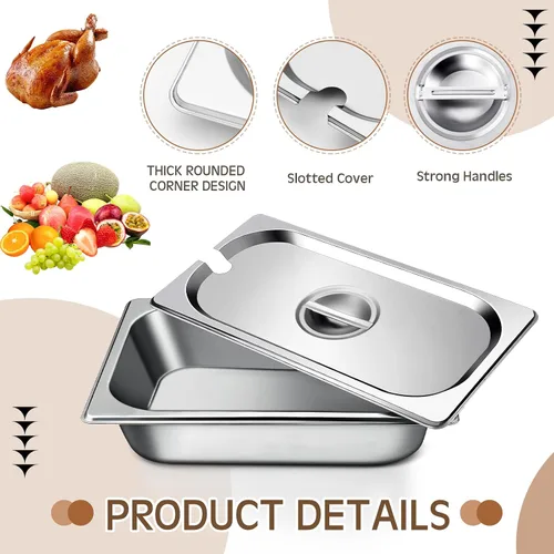 Vista 3 de Bokon Paquete de 6 tapas de sartén de mesa de vapor de 1/3 de acero inoxidable con asa, cubierta de bandeja de comida para catering, ranurada