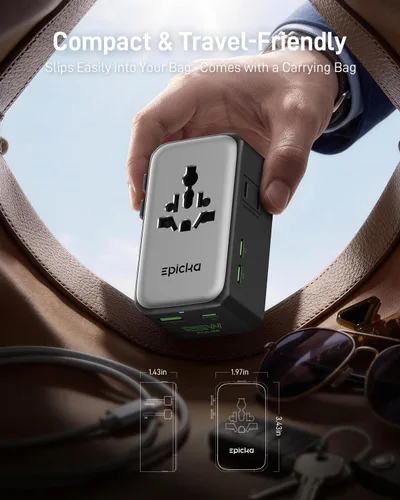 Vista 7 de EPICKA Pulse Air - Adaptador de viaje universal PD de 25 W con 2AC/3USB-C/1USB-A Negro