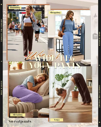 Vista 77 de Neer - Conjunto de 3 pantalones de yoga de pierna ancha para mujer - Pantalones deportivos cómodos, holgados, de cintura alta y casuales