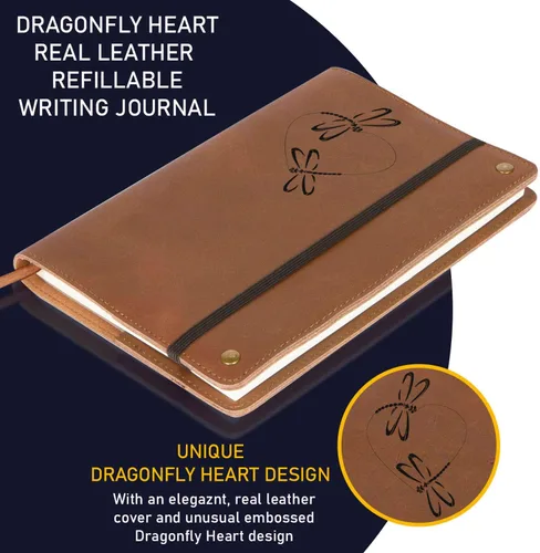 Vista 2 de The Dragonfly Heart - Diario de cuero real, correa elástica, 200 páginas rayadas, 6 x 8.5 pulgadas, diario, cuaderno de cuero para escribir
