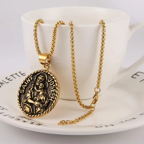 Vista 4 de Saint Joseph Collar de acero inoxidable con medalla de los santos patronos católicos, regalo de bendiciones de medallón de viajero