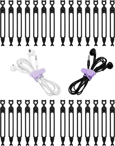 Vista 8 de 28 piezas de bridas de cable de silicona reutilizables, correas de organizador de cable púrpura para cable de carga, cables de computadora