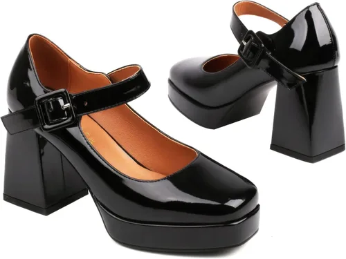 Vista 5 de Zapatos de tacón grueso con plataforma para mujer, punta cuadrada, Mary Janes pumps de tacón de bloque Negro