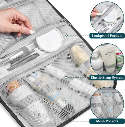 Vista 4 de PAVILIA - Neceser colgante para mujer y hombre, kit de viaje plegable organizador de artículos de tocador, bolsa de cosméticos enrollable, estuche