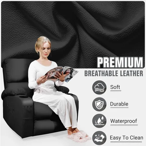 Vista 5 de LEVELEVE Silla reclinable mecedora, silla reclinable de masaje con masaje por vibración y calor, sillas giratorias de piel sintética de 360°, sala