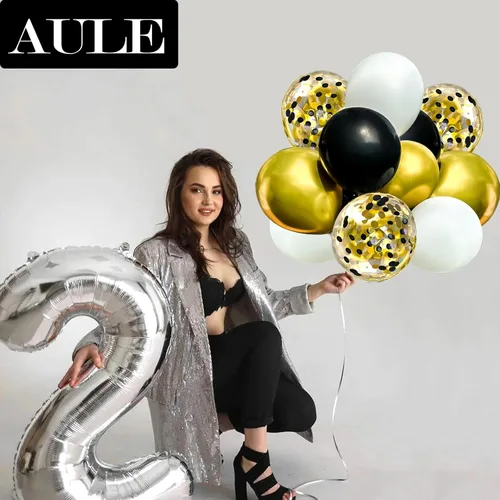 Vista 3 de AULE Globos de látex metálicos dorados y blancos de alta calidad, paquete de 60 globos de confeti de 12 pulgadas y oro negro con cintas doradas