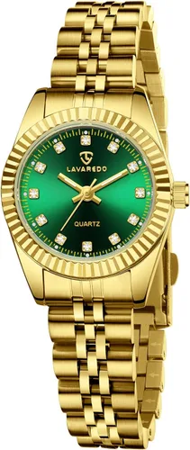 Vista 14 de Juego de reloj de oro para mujer, chapado en oro de 18 quilates, brazalete brazalete anillo para mujer, delicado reloj analógico impermeable