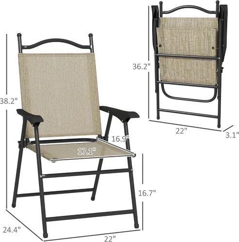 Vista 3 de Outsunny Sillas plegables para patio, juego de 4 sillas deportivas para adultos, sillas de camping con reposabrazos, asiento de tela de malla Beige