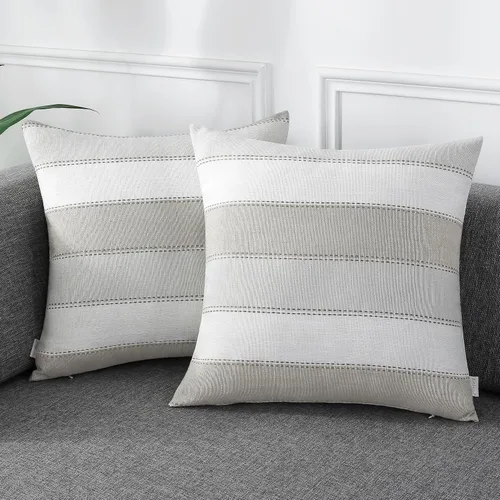 Vista 7 de AmHoo - Juego de 2 fundas de almohada decorativas para casa de campo, a rayas y a cuadros, juego de fundas de almohada de algodón y lino para sofá