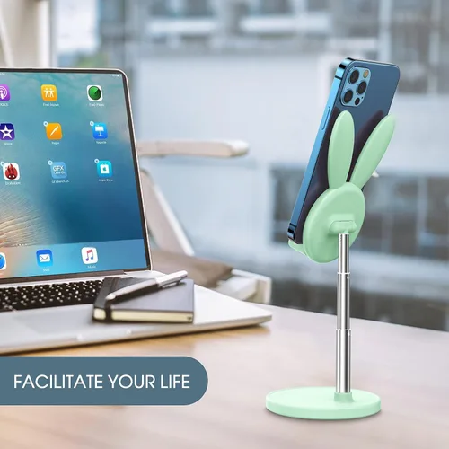 Vista 7 de OATSBASF - Soporte lindo para teléfono celular, soporte ajustable para teléfono con forma de conejo para escritorio, soporte con carcasa gruesa