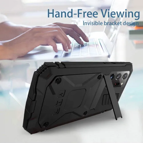 Vista 5 de Simicoo Funda de metal compatible con Samsung Note 20 Ultra con protector de pantalla militar, resistente a prueba de golpes, con soporte para Negro