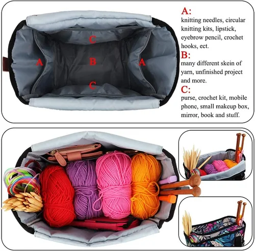 Vista 5 de Coopay Bolsa de ganchillo y tejer, organizador de viaje para manualidades, ganchos, agujas, madejas, pintura de diamantes, suministros (verde bosque)