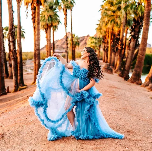 Vista 5 de Yexinbridal Batas de tul para mujer para sesión de fotos de maternidad, largo hinchado, ilusión, vestido de novia con volantes y abertura, bufanda
