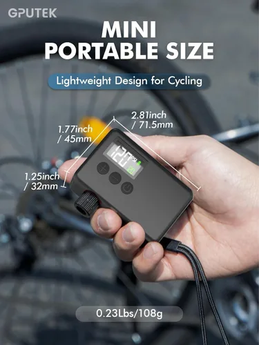 Vista 2 de GPUTEK Mini bomba eléctrica de bicicleta para válvulas Presta y Schrader Negro