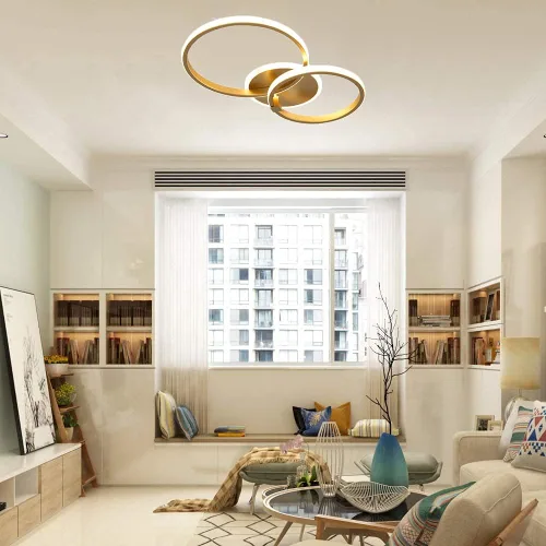 Vista 3 de Lámpara de techo LED moderna, lámpara de techo de montaje empotrado de 40 W con círculo de dos anillos, lámparas acrílicas doradas para sala