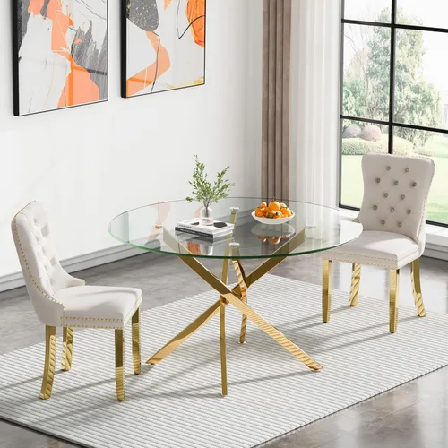 Vista 38 de Juego de mesa de comedor SSLine moderno de 3 piezas con mesa redonda de vidrio para 2, lujosa mesa de comedor circular de 36" con tapa de vidrio