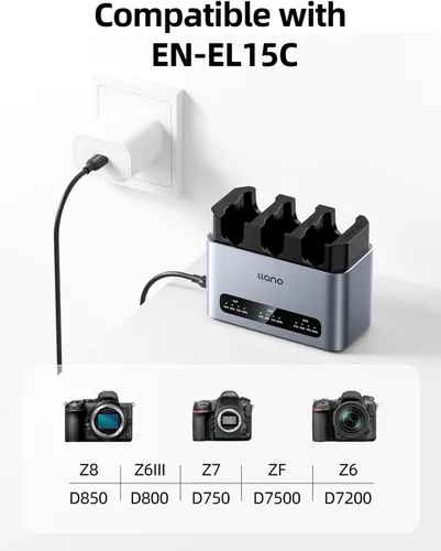 Vista 4 de llano EN-EL15C Batería 30W Cargador rápido de 3 ranuras para Nikon Z8, ZR, Z7II, Z5II, ZF, Z6III, D850, Z7, Z6II, Z6, D7500, D750, D7200, Cuerpo